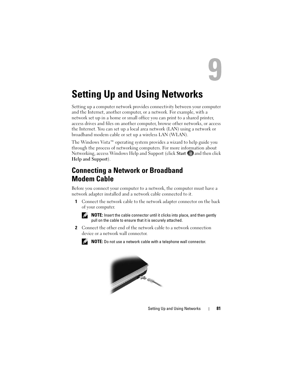 Setting up and using networks, Connecting a network or broadband modem cable | Dell Inspiron 1420 (Mid 2007) User Manual | Page 81 / 210