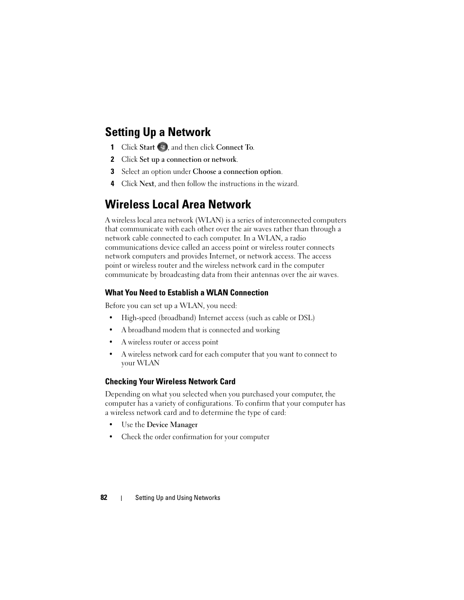 Setting up a network, Wireless local area network, What you need to establish a wlan connection | Checking your wireless network card | Dell Inspiron 1420 (Mid 2007) User Manual | Page 82 / 210