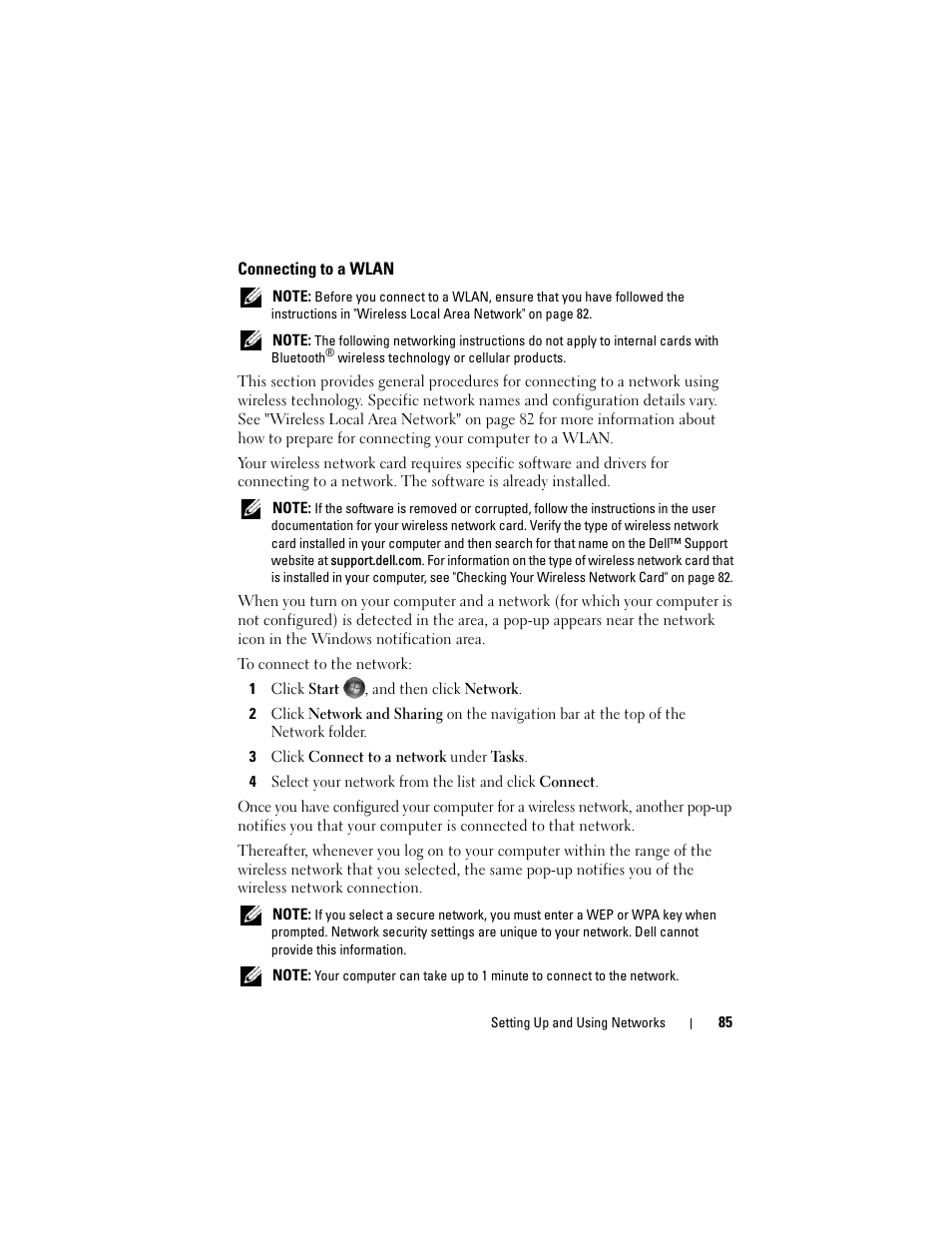 Connecting to a wlan | Dell Inspiron 1420 (Mid 2007) User Manual | Page 85 / 210