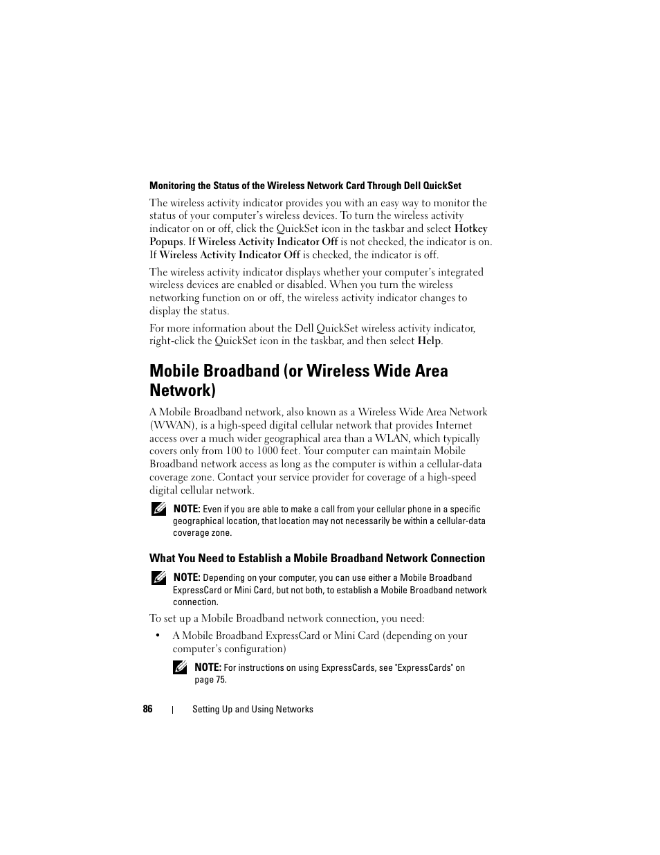 Mobile broadband (or wireless wide area network) | Dell Inspiron 1420 (Mid 2007) User Manual | Page 86 / 210