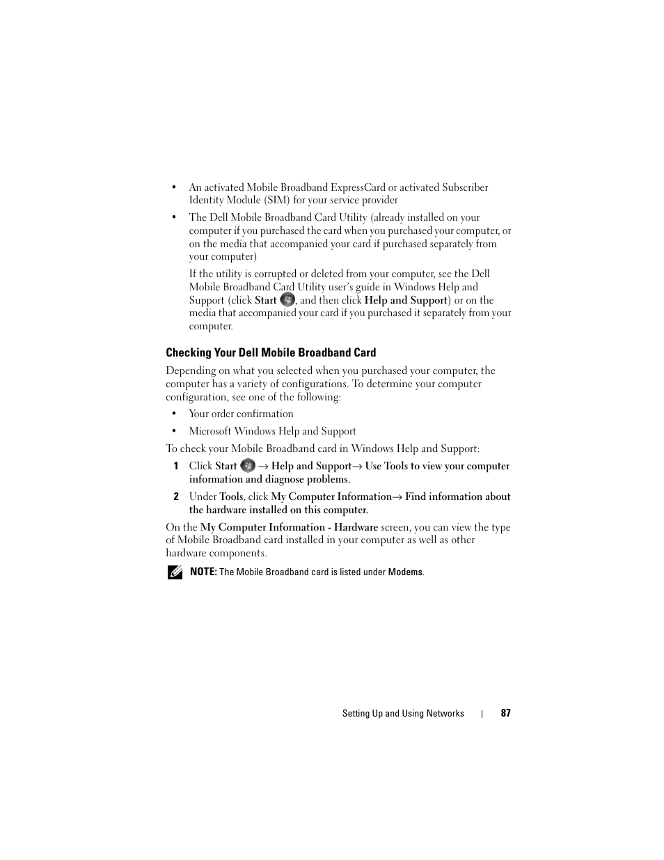 Checking your dell mobile broadband card | Dell Inspiron 1420 (Mid 2007) User Manual | Page 87 / 210