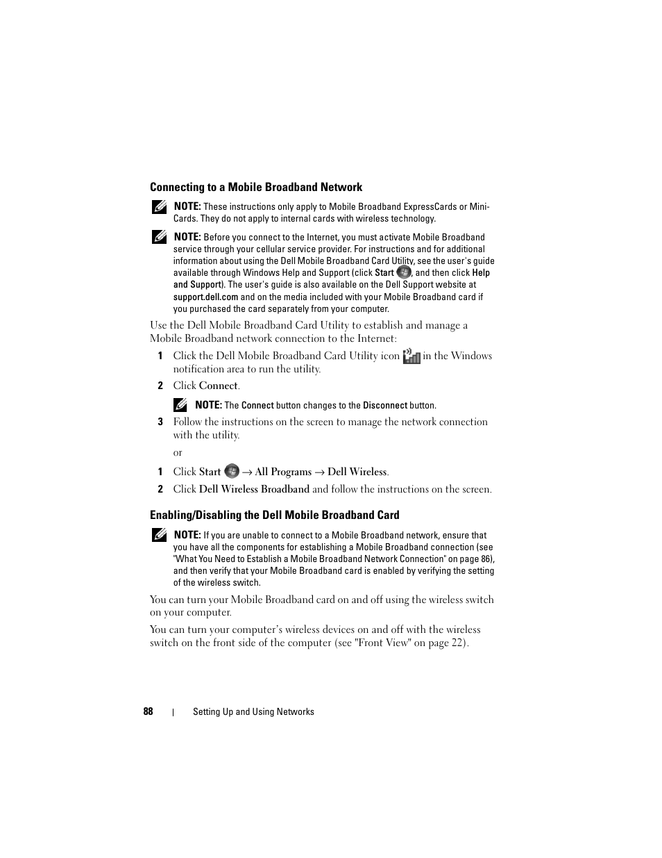 Connecting to a mobile broadband network, Enabling/disabling the dell mobile broadband card | Dell Inspiron 1420 (Mid 2007) User Manual | Page 88 / 210