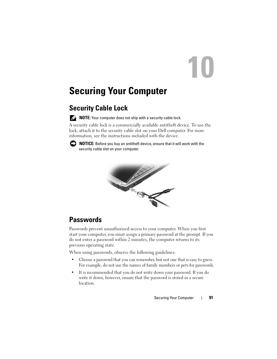 Securing your computer, Security cable lock, Passwords | Dell Inspiron 1420 (Mid 2007) User Manual | Page 91 / 210