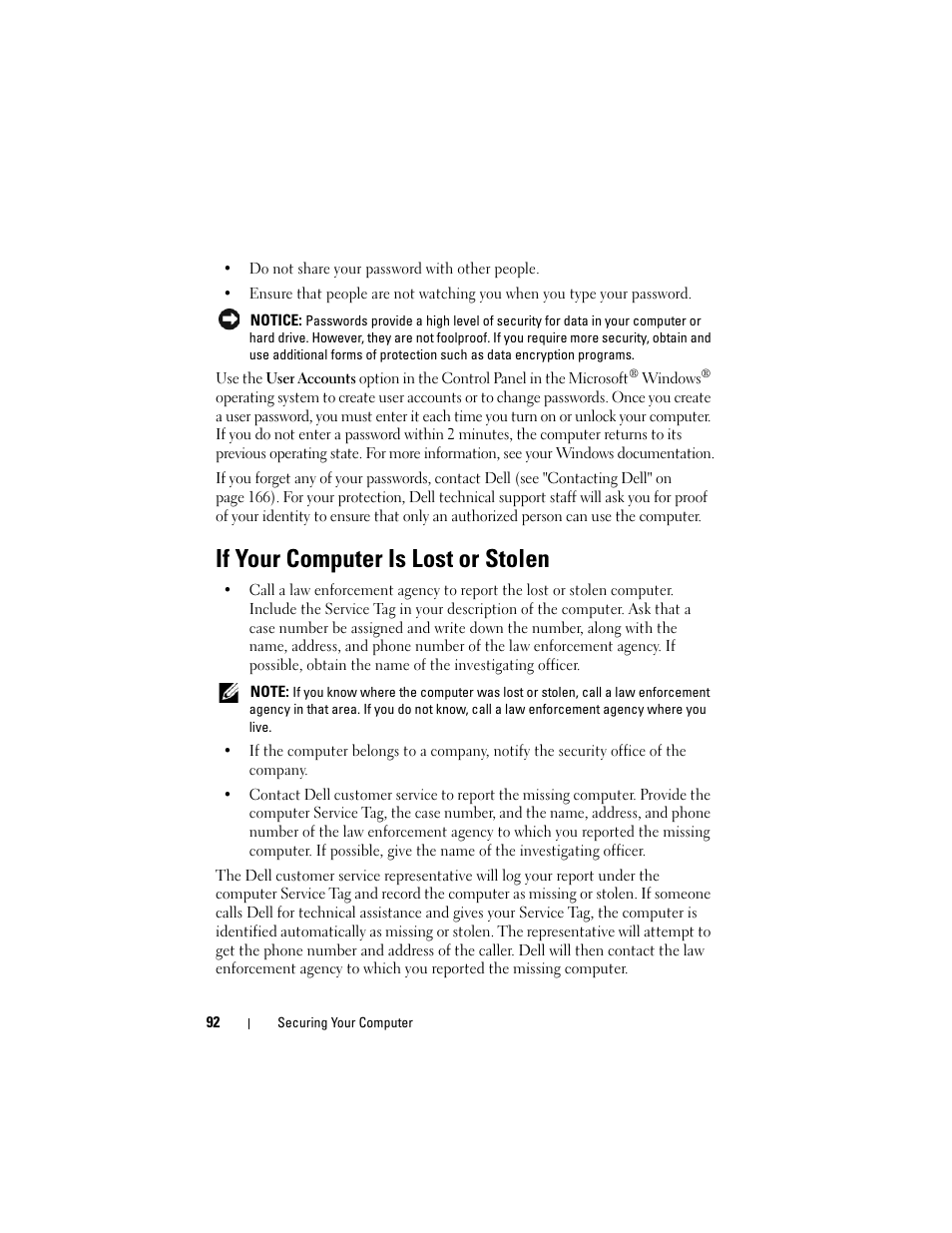 If your computer is lost or stolen | Dell Inspiron 1420 (Mid 2007) User Manual | Page 92 / 210