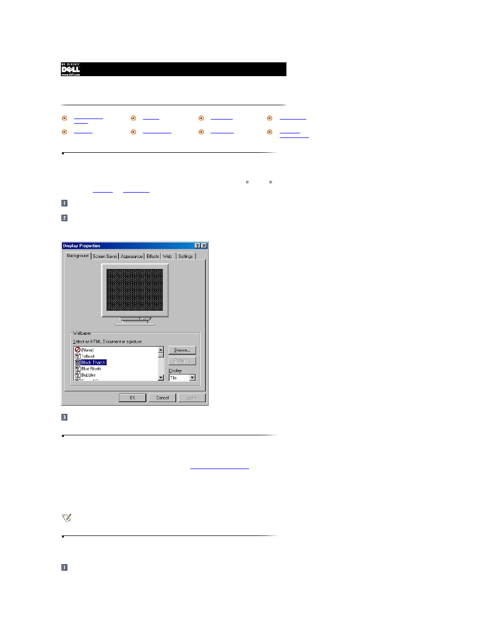 Changing display properties, Display properties window, Wallpaper | Screen saver | Dell Inspiron 2000 User Manual | Page 18 / 78