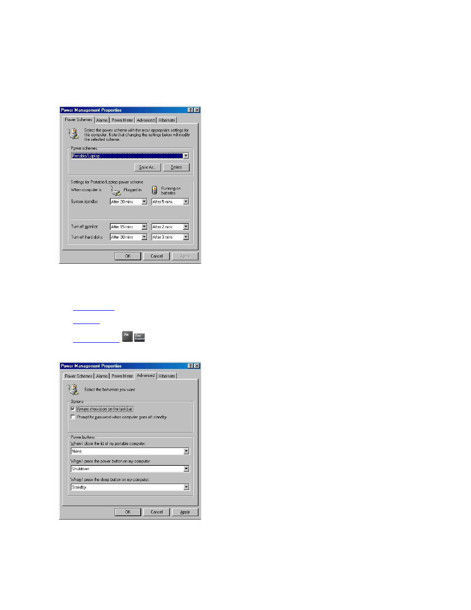 Customizing standby or hibernate mode, Settings | Dell Inspiron 2000 User Manual | Page 55 / 78