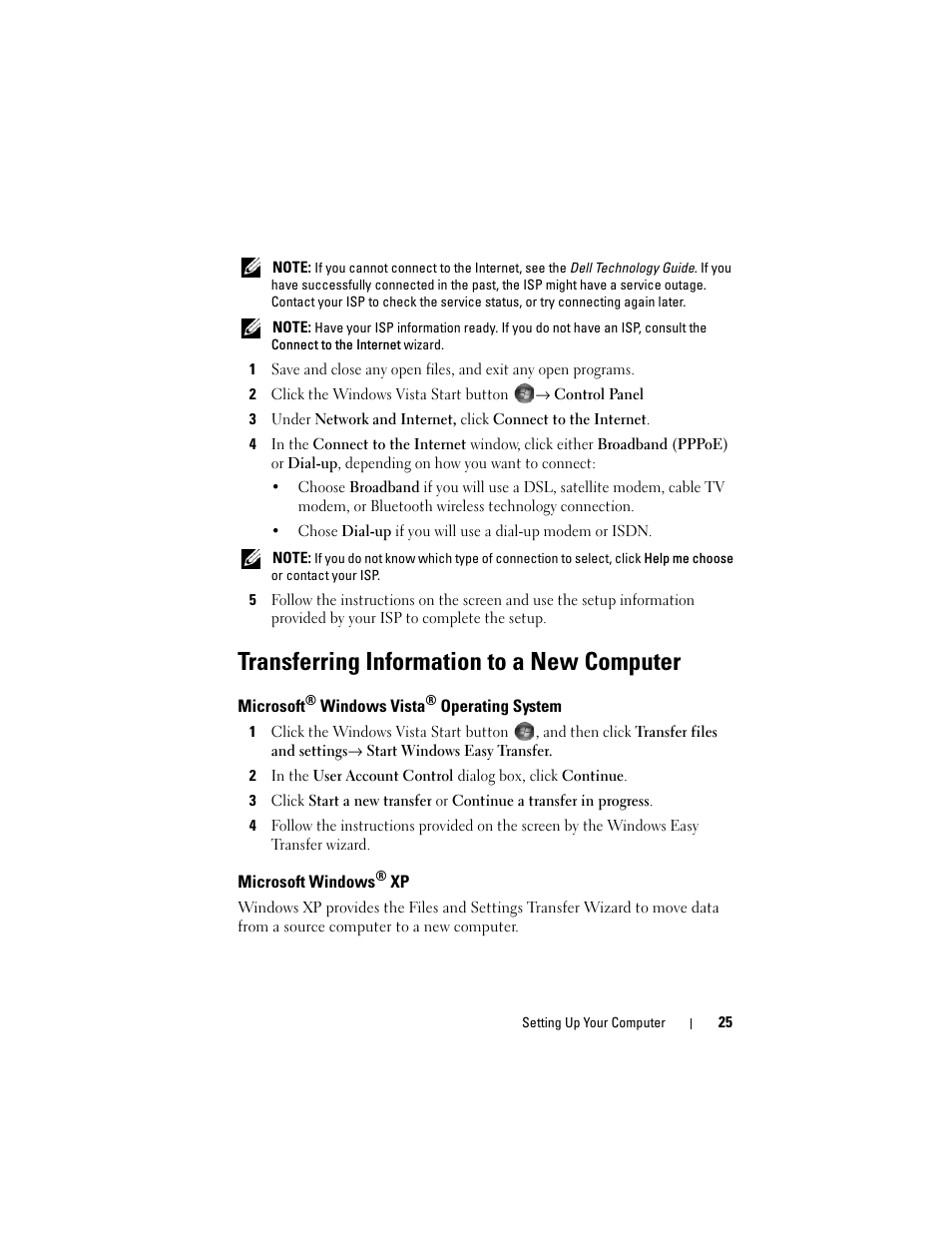 Transferring information to a new computer, Microsoft® windows vista® operating system, Microsoft windows® xp | Microsoft, Microsoft windows | Dell OptiPlex 960 (Late 2008) User Manual | Page 25 / 70