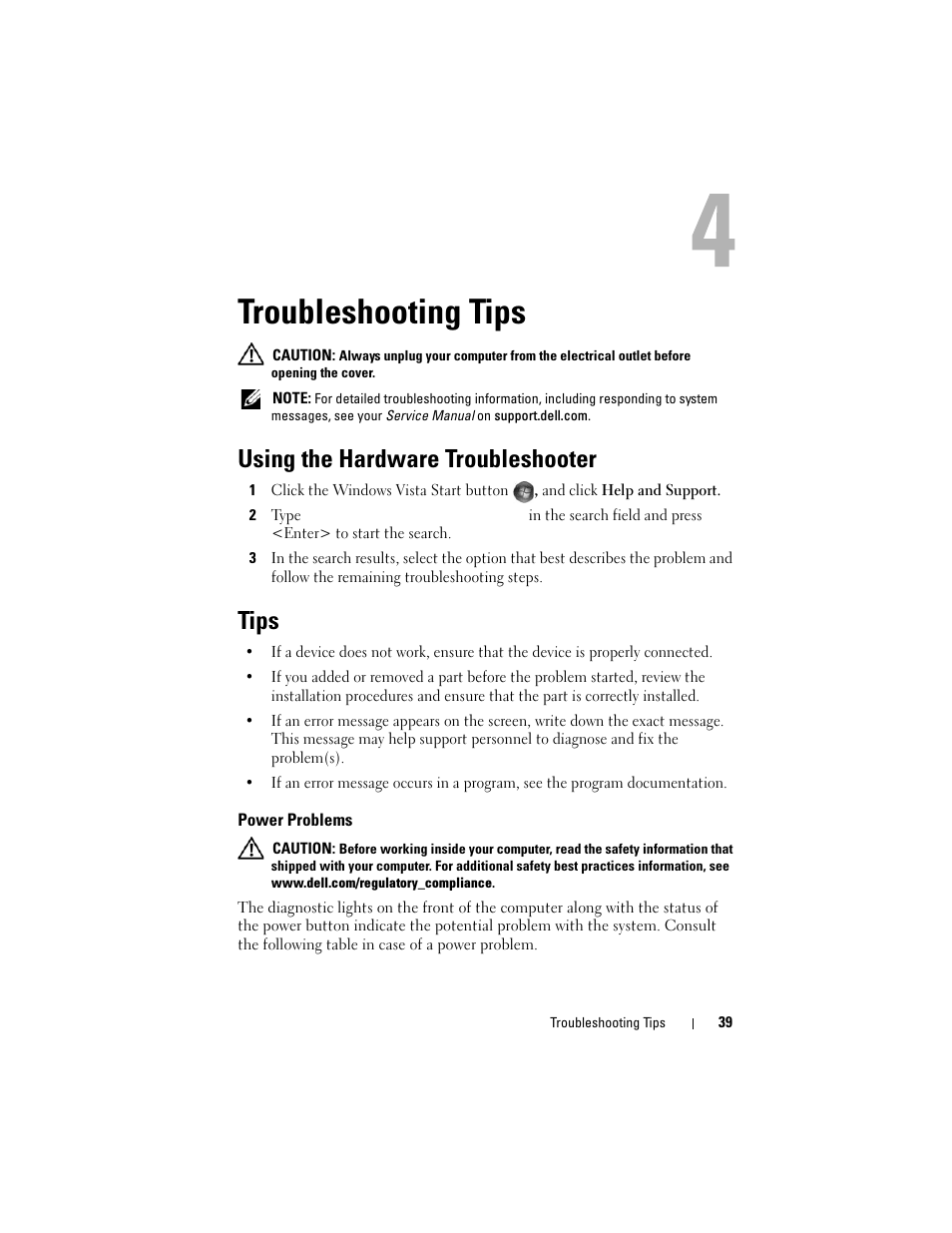 Troubleshooting tips, Using the hardware troubleshooter, Tips | Power problems | Dell OptiPlex 960 (Late 2008) User Manual | Page 39 / 70