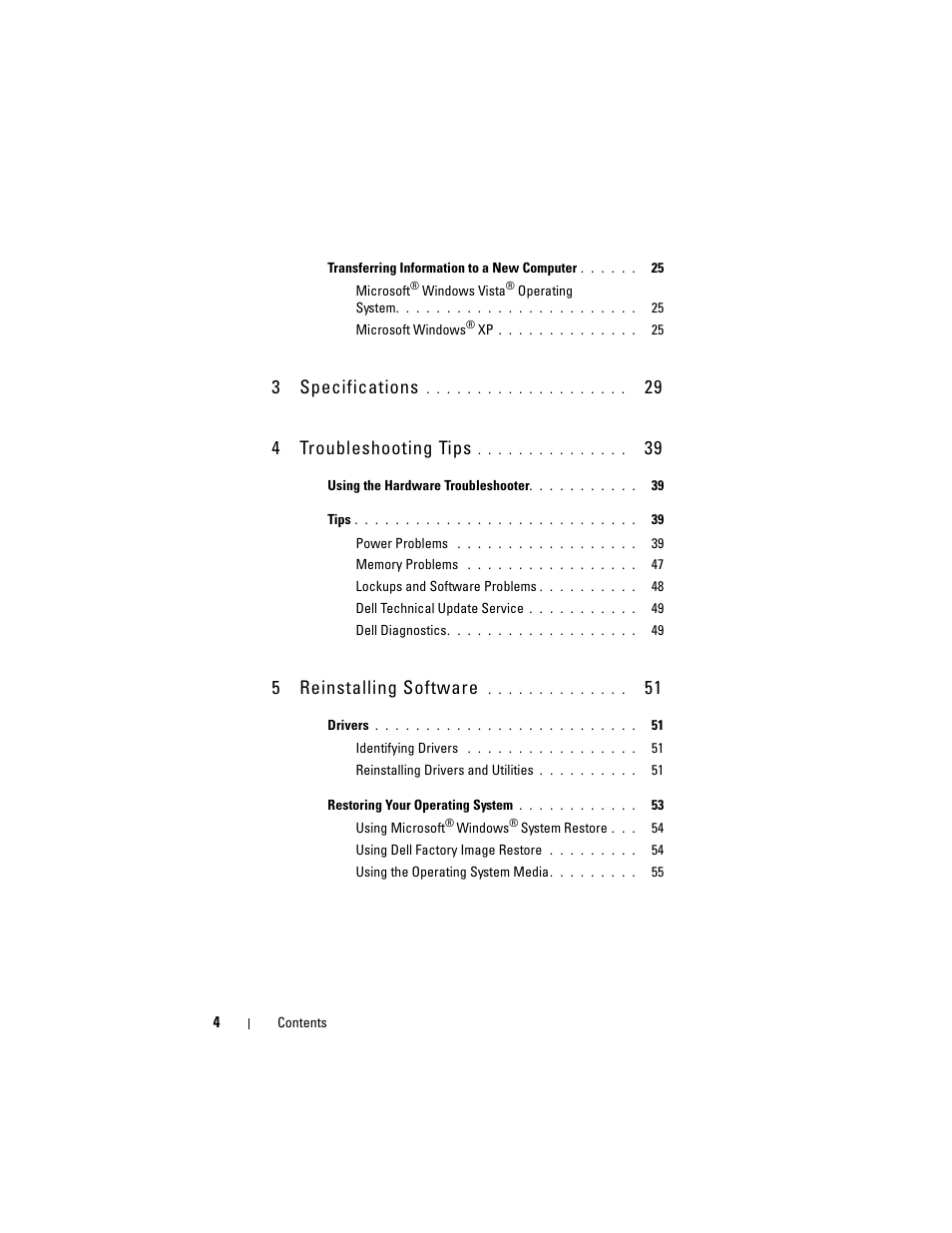 3specifications, 29 4 troubleshooting tips, 5reinstalling software | Dell OptiPlex 960 (Late 2008) User Manual | Page 4 / 70