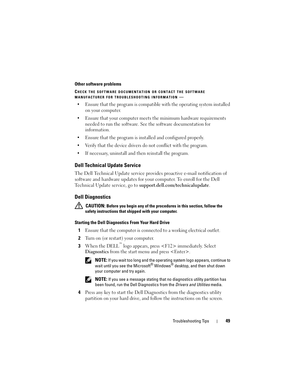 Dell technical update service, Dell diagnostics | Dell OptiPlex 960 (Late 2008) User Manual | Page 49 / 70