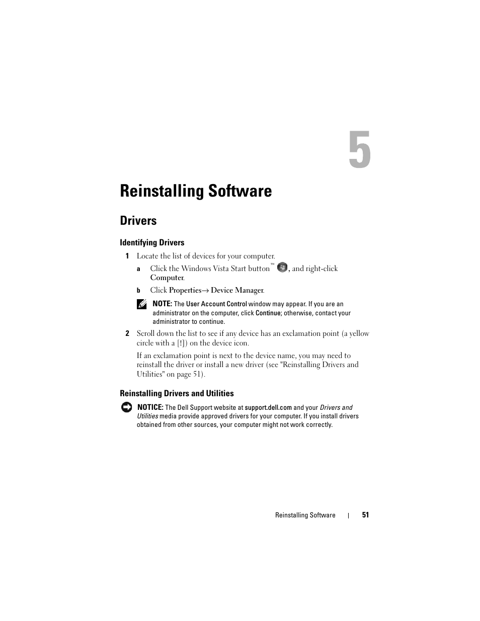 Reinstalling software, Drivers, Identifying drivers | Reinstalling drivers and utilities | Dell OptiPlex 960 (Late 2008) User Manual | Page 51 / 70