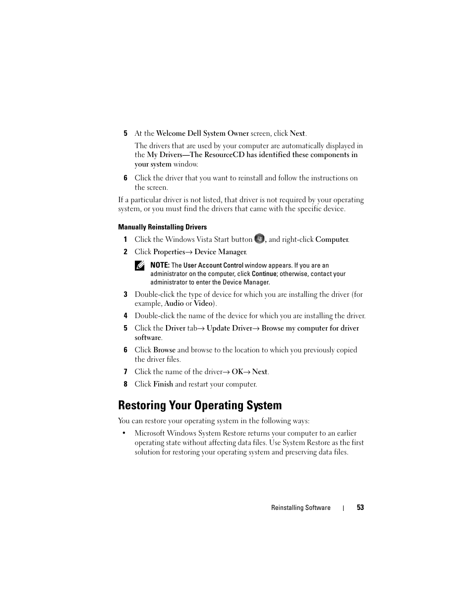 Restoring your operating system | Dell OptiPlex 960 (Late 2008) User Manual | Page 53 / 70