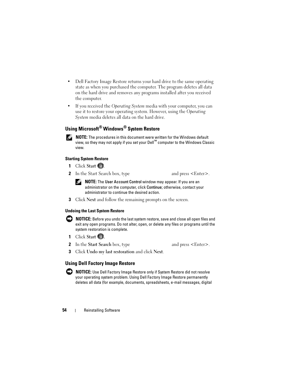 Using microsoft® windows® system restore, Using dell factory image restore, Using microsoft | E (see "using microsoft, Windows, System | Dell OptiPlex 960 (Late 2008) User Manual | Page 54 / 70