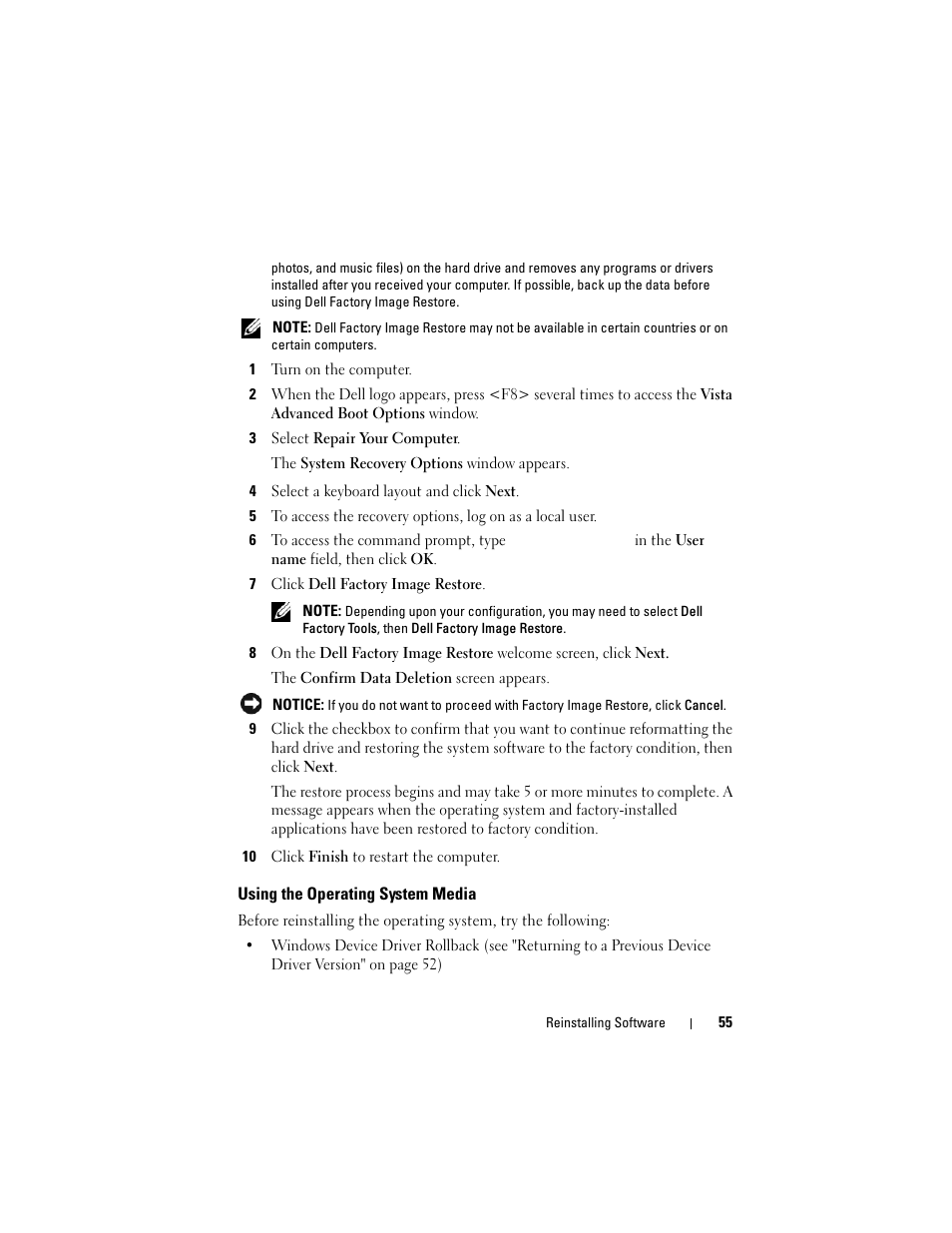 Using the operating system media | Dell OptiPlex 960 (Late 2008) User Manual | Page 55 / 70