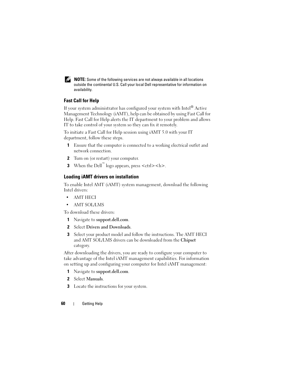 Fast call for help, Loading iamt drivers on installation | Dell OptiPlex 960 (Late 2008) User Manual | Page 60 / 70