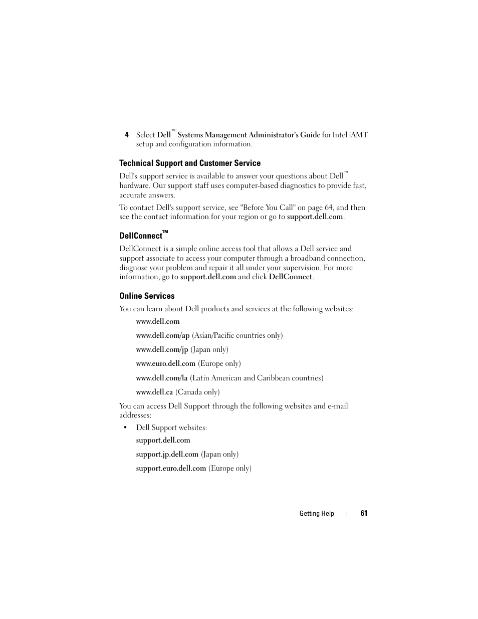 Technical support and customer service, Dellconnect, Online services | Dell OptiPlex 960 (Late 2008) User Manual | Page 61 / 70