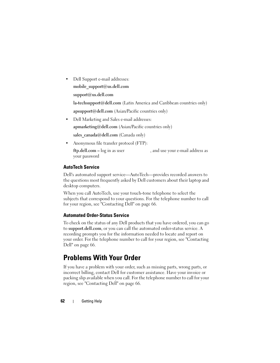 Autotech service, Automated order-status service, Problems with your order | Dell OptiPlex 960 (Late 2008) User Manual | Page 62 / 70