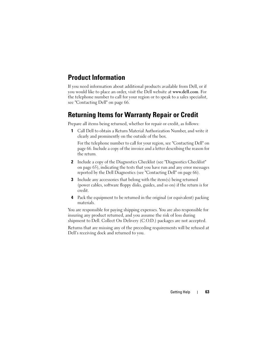 Product information, Returning items for warranty repair or credit | Dell OptiPlex 960 (Late 2008) User Manual | Page 63 / 70