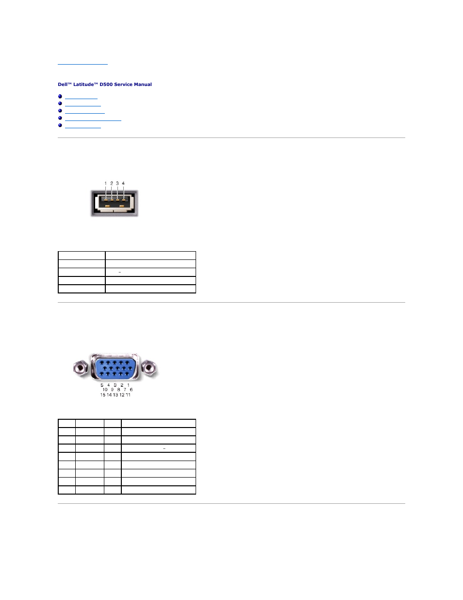 Pin assignments for i/o connectors, Usb connector, Video connector | Parallel connector | Dell Latitude D500 User Manual | Page 26 / 40
