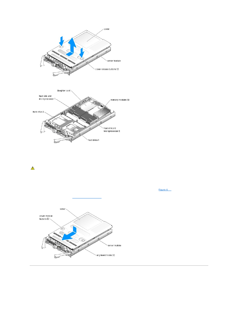 Removing and installing server module components, Figure 6, Closing the server module | Dell POWEREDGE 1855 User Manual | Page 57 / 78