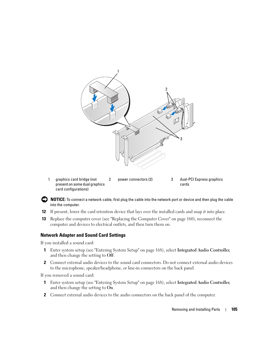 Network adapter and sound card settings, See "network adapter and sound card settings" on | Dell XPS 720 H2C (Mid 2007) User Manual | Page 105 / 220