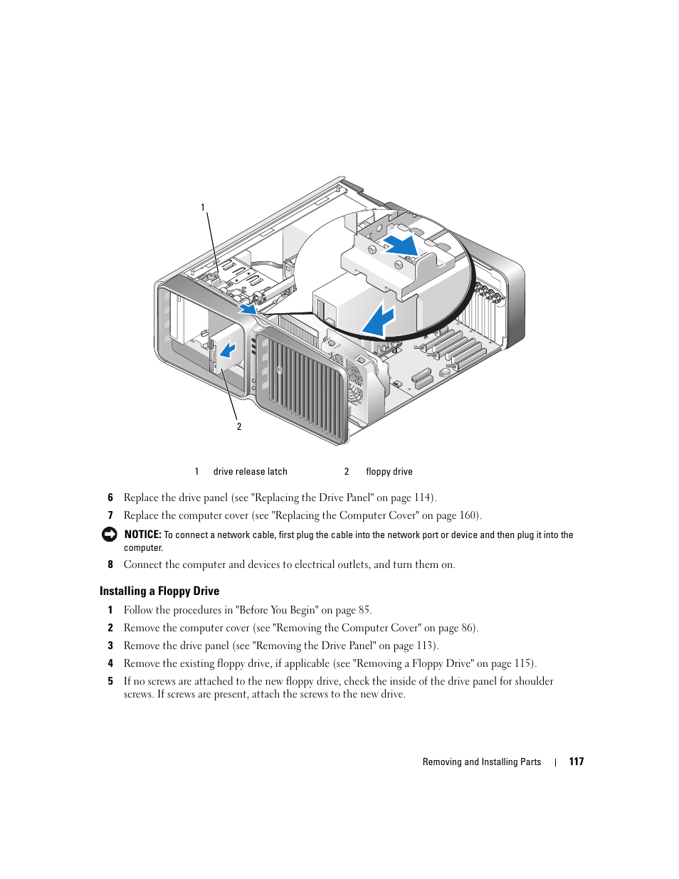 Installing a floppy drive | Dell XPS 720 H2C (Mid 2007) User Manual | Page 117 / 220