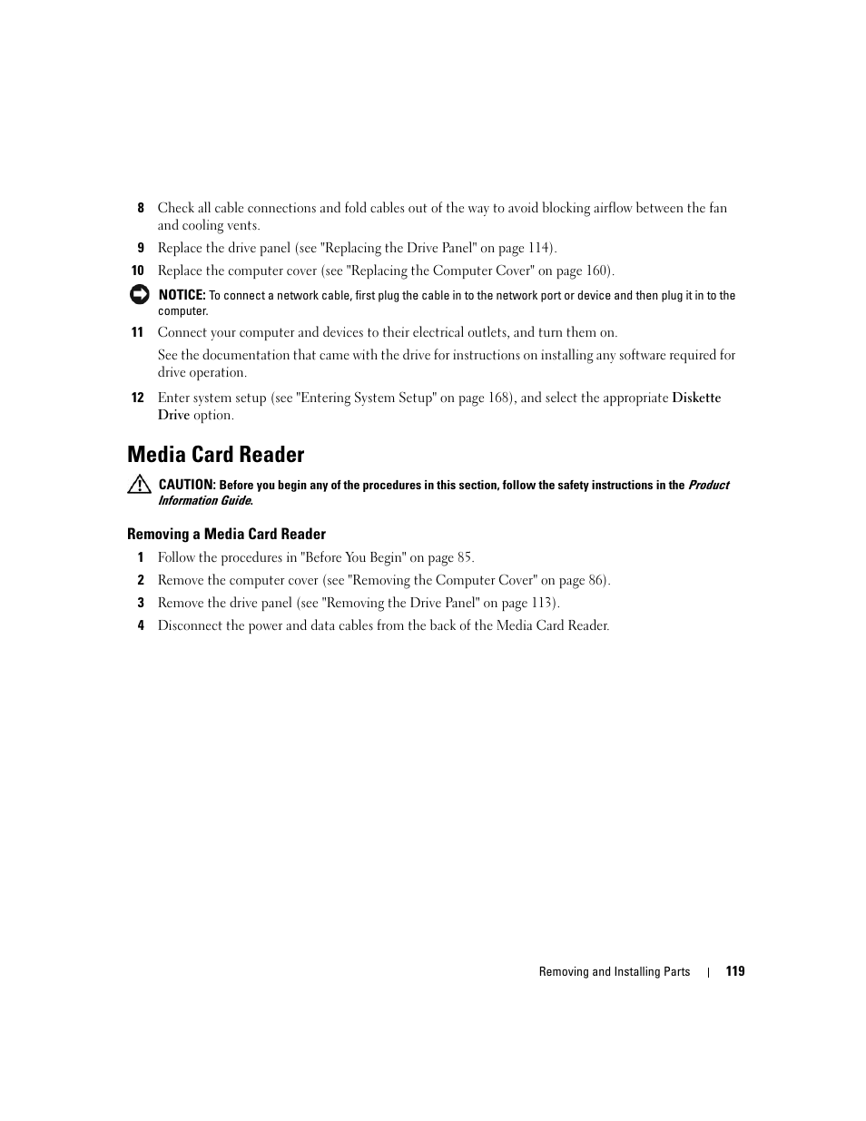 Media card reader, Removing a media card reader | Dell XPS 720 H2C (Mid 2007) User Manual | Page 119 / 220
