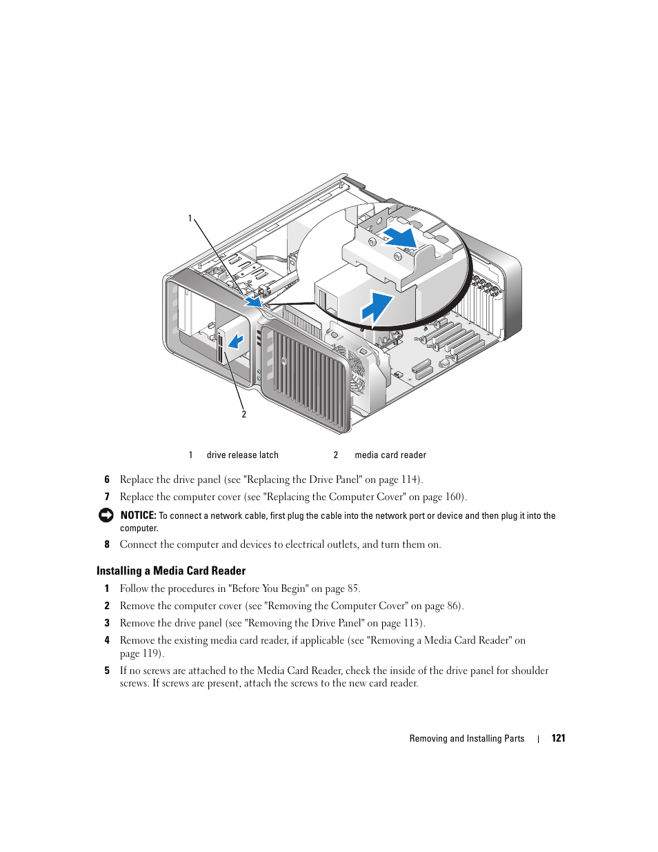 Installing a media card reader | Dell XPS 720 H2C (Mid 2007) User Manual | Page 121 / 220
