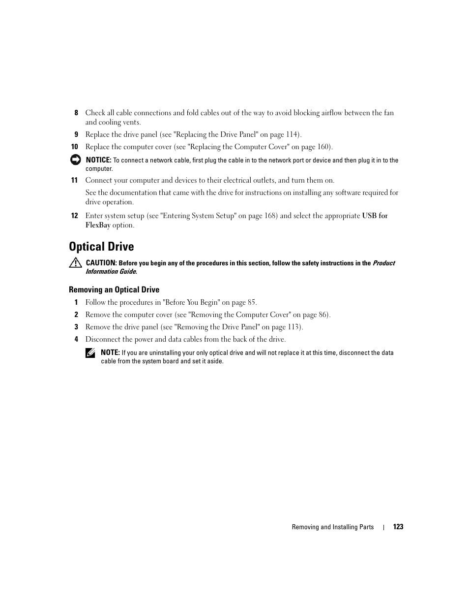 Optical drive, Removing an optical drive | Dell XPS 720 H2C (Mid 2007) User Manual | Page 123 / 220