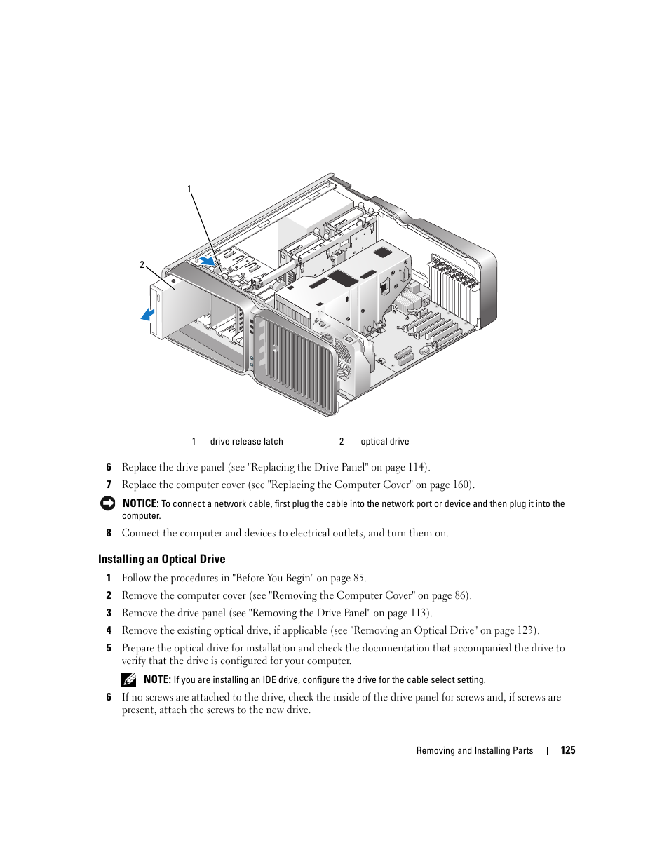 Installing an optical drive | Dell XPS 720 H2C (Mid 2007) User Manual | Page 125 / 220