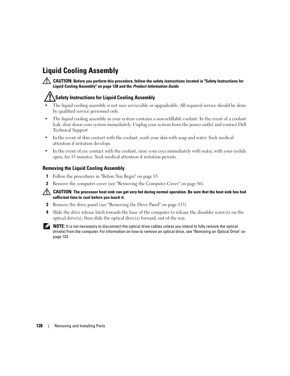 Liquid cooling assembly, Safety instructions for liquid cooling assembly, Removing the liquid cooling assembly | Dell XPS 720 H2C (Mid 2007) User Manual | Page 128 / 220