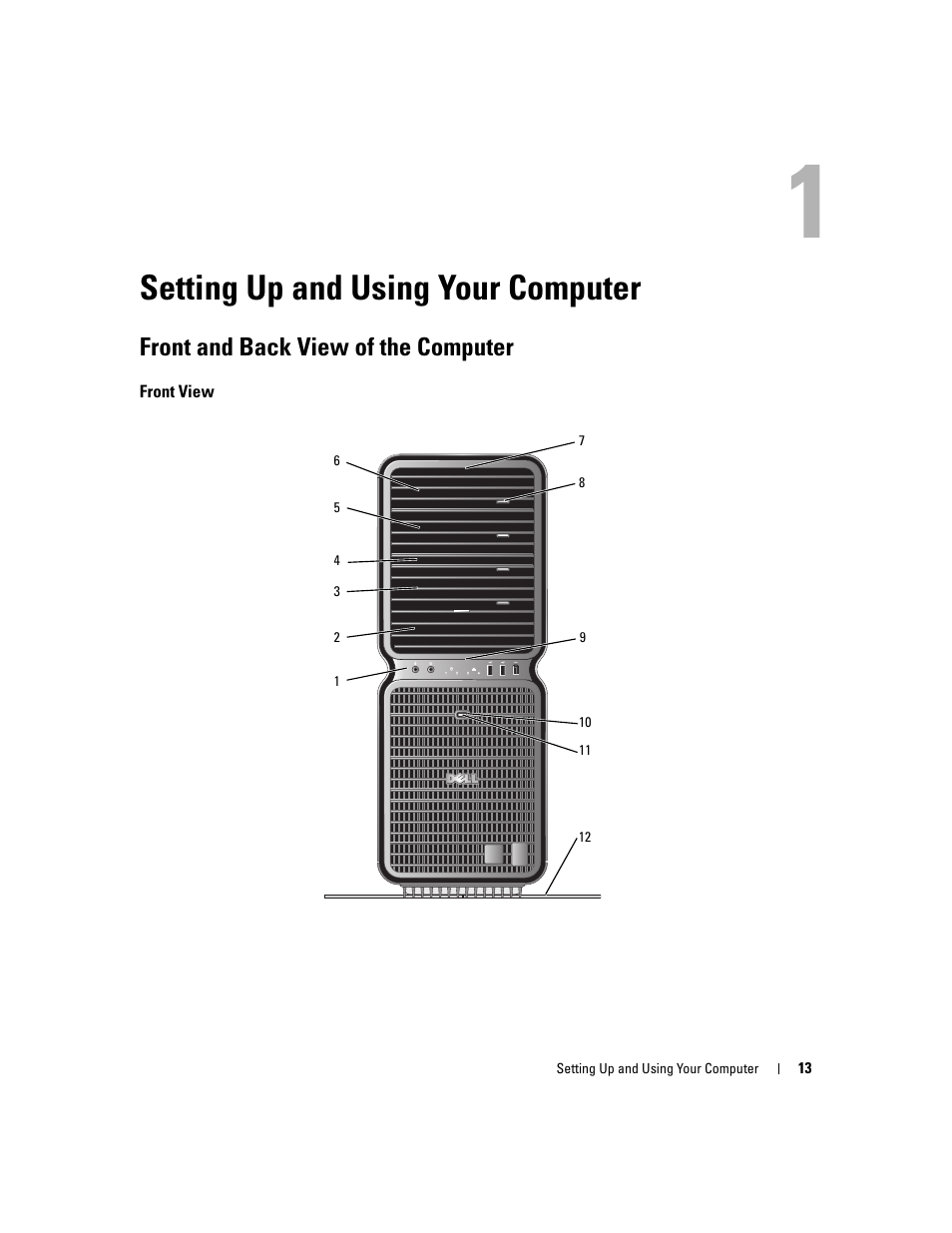 Setting up and using your computer, Front and back view of the computer, Front view | Dell XPS 720 H2C (Mid 2007) User Manual | Page 13 / 220