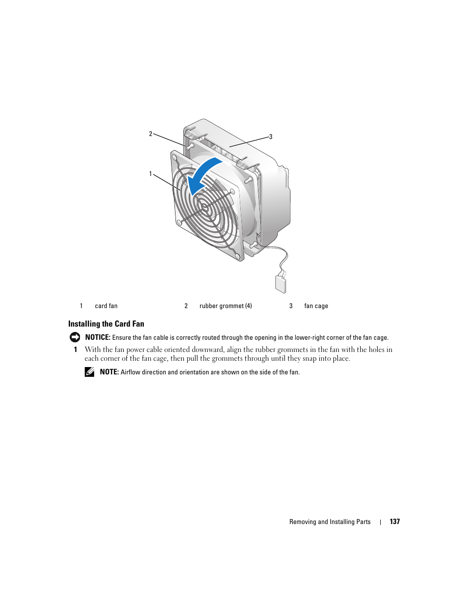 Installing the card fan | Dell XPS 720 H2C (Mid 2007) User Manual | Page 137 / 220