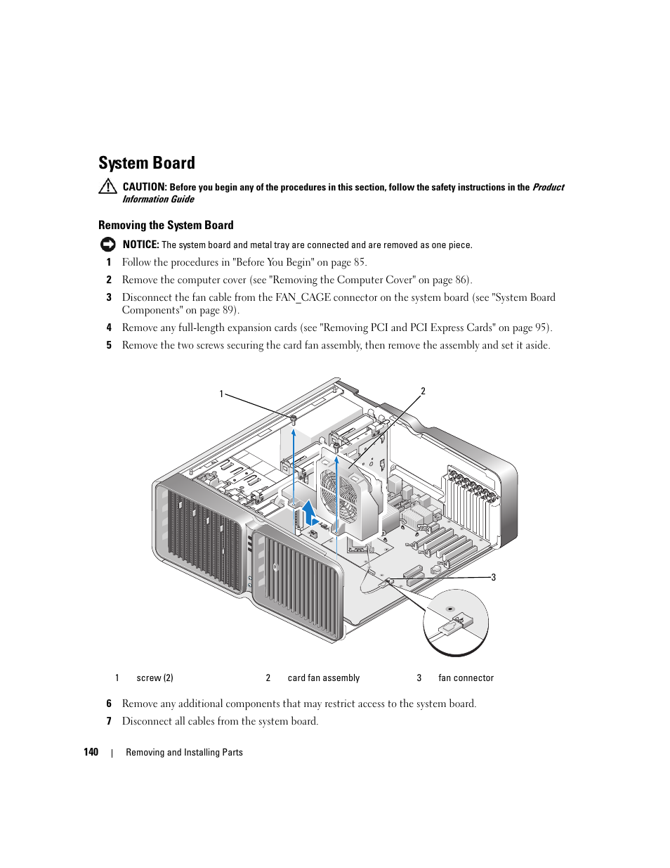 System board, Removing the system board | Dell XPS 720 H2C (Mid 2007) User Manual | Page 140 / 220