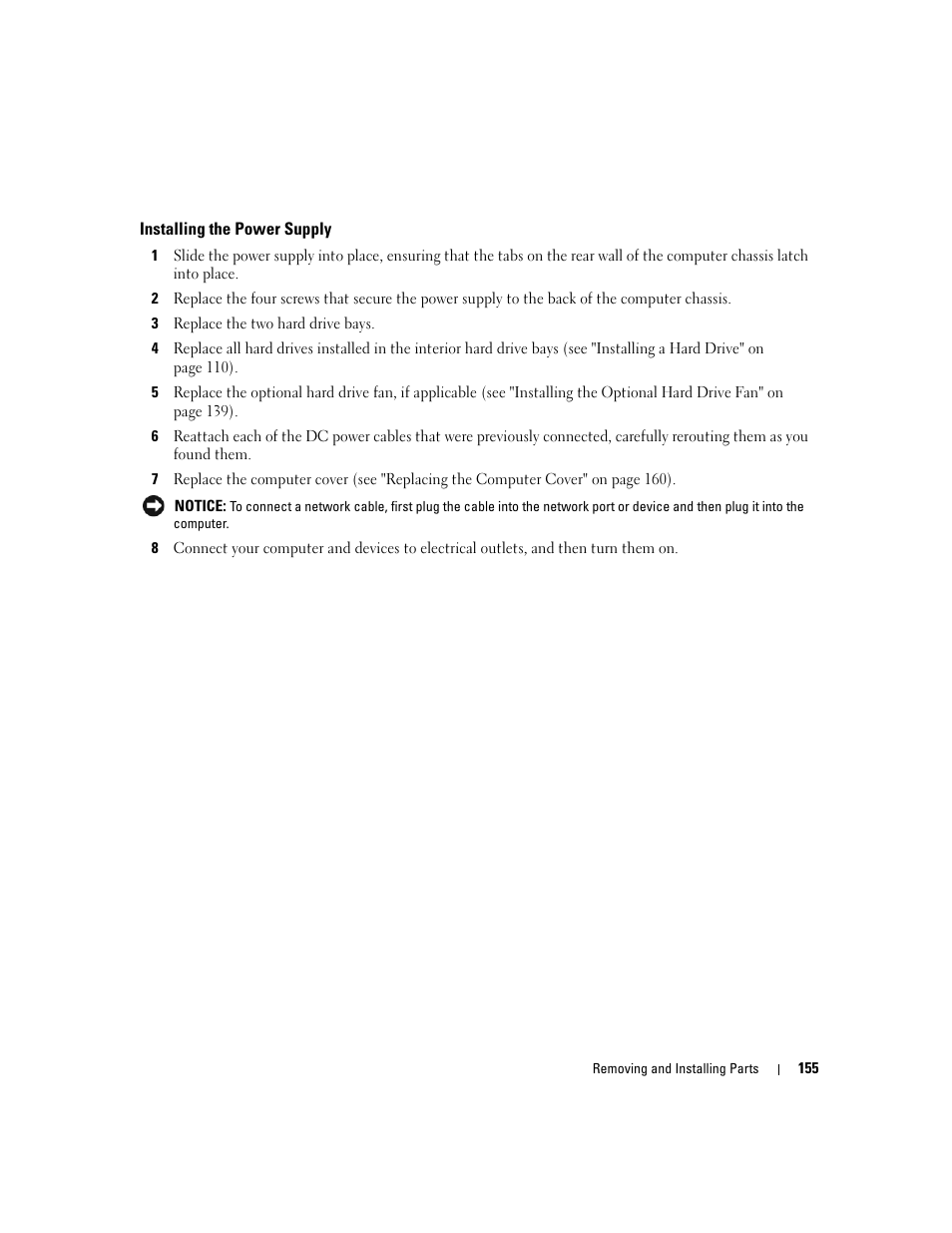 Installing the power supply | Dell XPS 720 H2C (Mid 2007) User Manual | Page 155 / 220