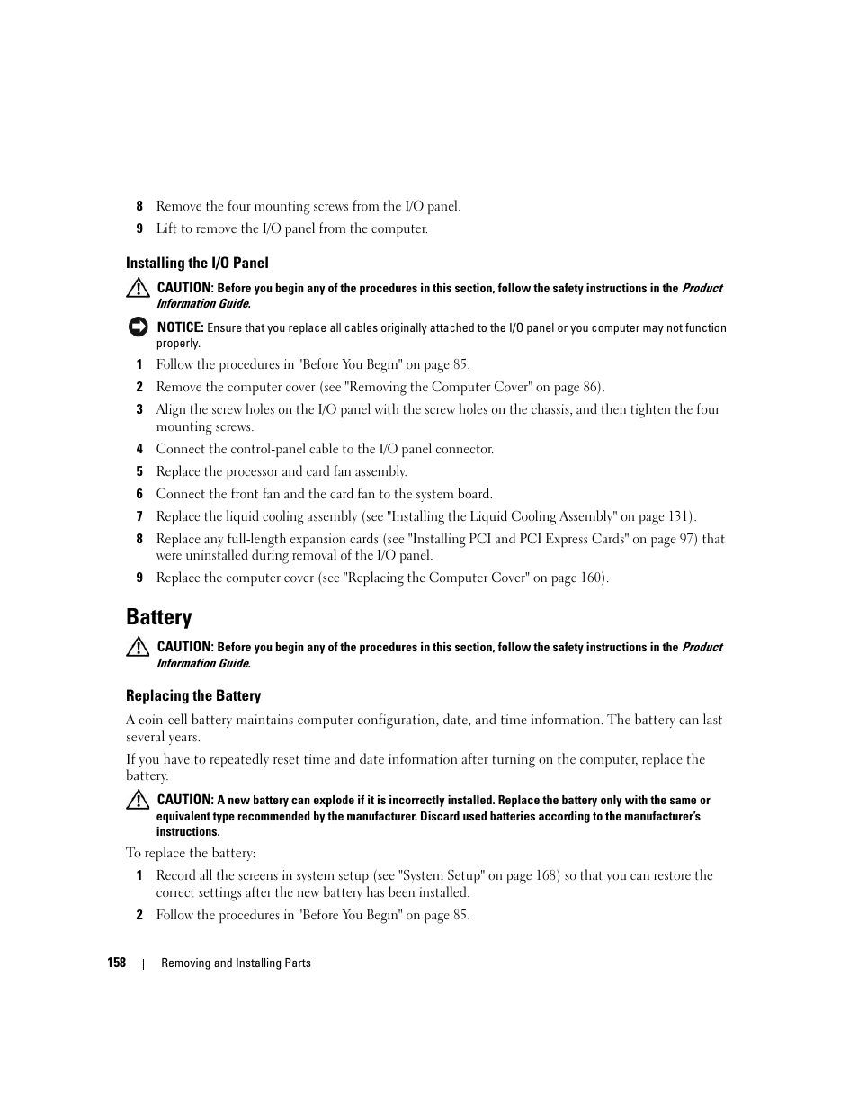 Installing the i/o panel, Battery, Replacing the battery | Dell XPS 720 H2C (Mid 2007) User Manual | Page 158 / 220