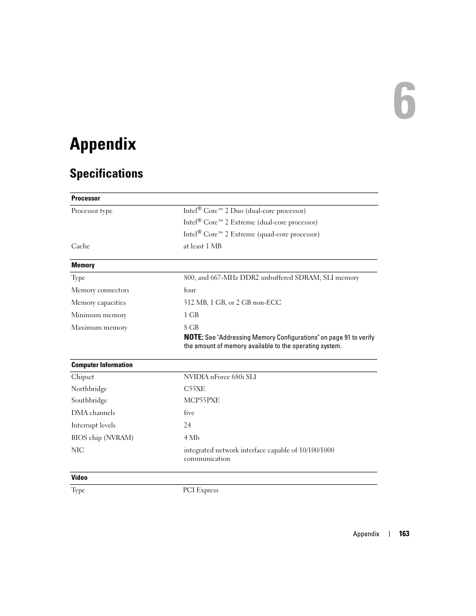 Appendix, Specifications | Dell XPS 720 H2C (Mid 2007) User Manual | Page 163 / 220