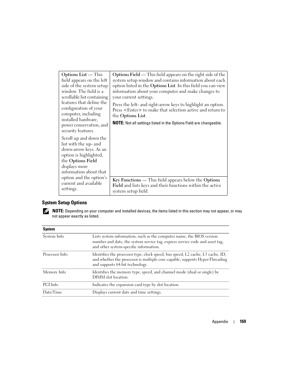 System setup options, See "system setup options" on | Dell XPS 720 H2C (Mid 2007) User Manual | Page 169 / 220