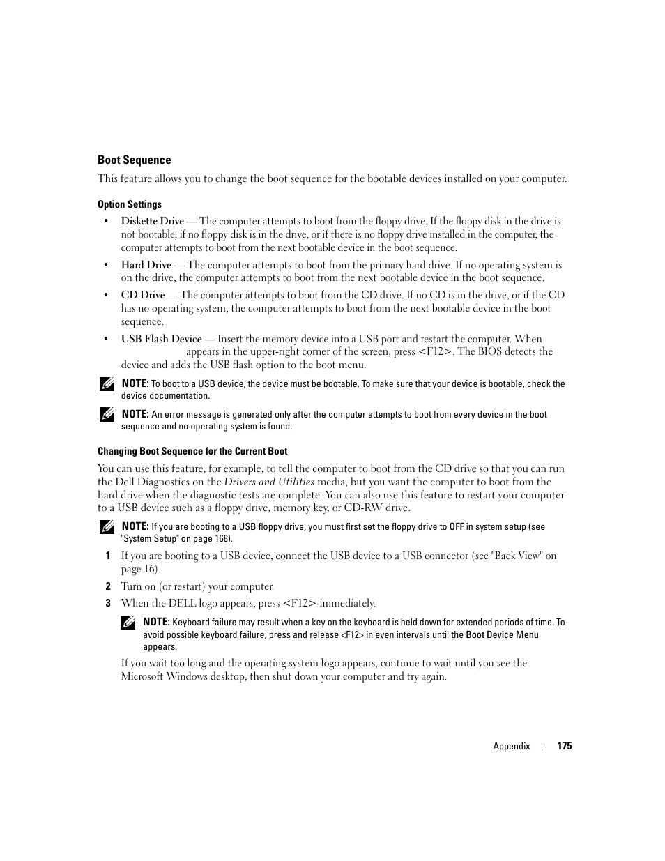 Boot sequence | Dell XPS 720 H2C (Mid 2007) User Manual | Page 175 / 220