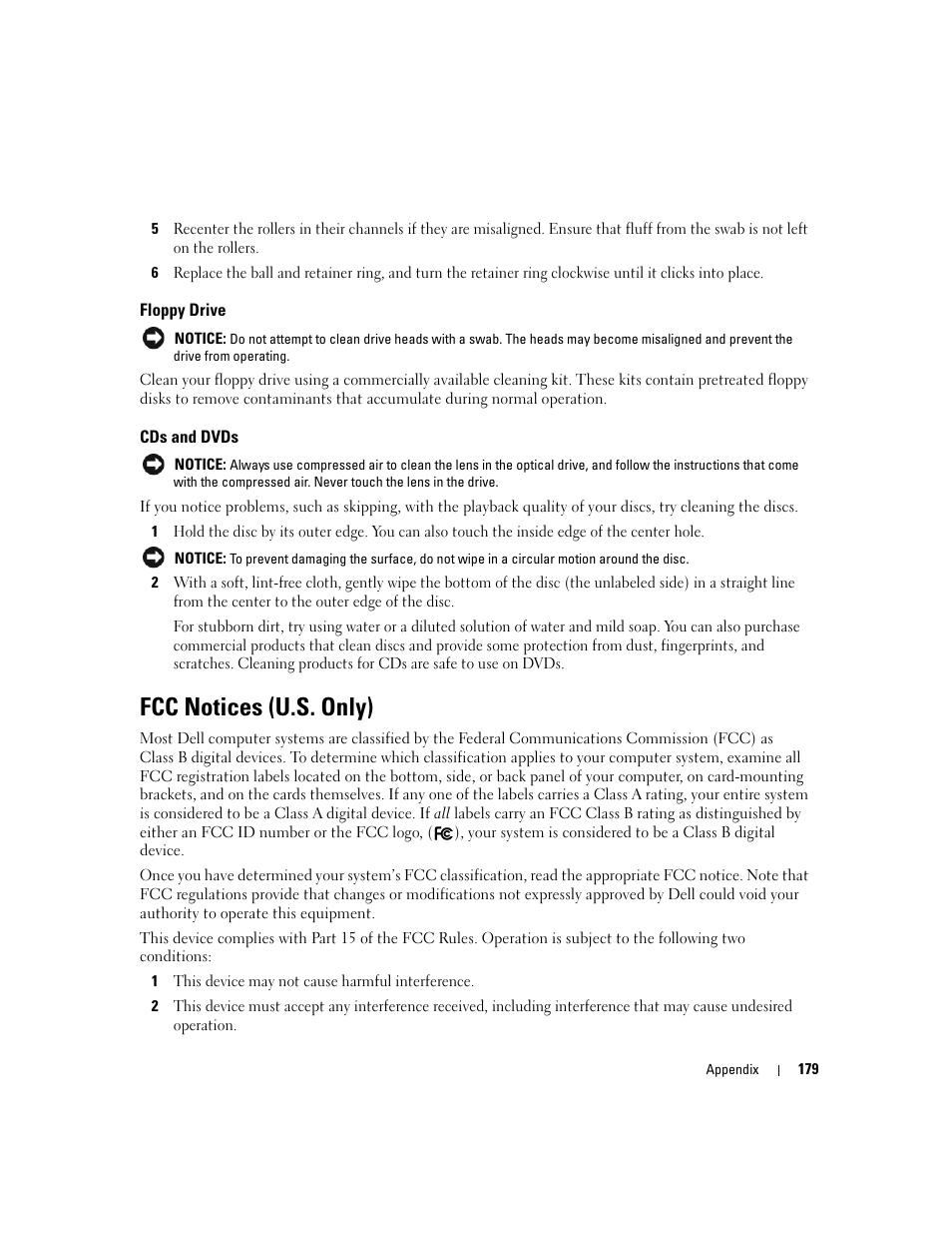 Floppy drive, Cds and dvds, Fcc notices (u.s. only) | Dell XPS 720 H2C (Mid 2007) User Manual | Page 179 / 220