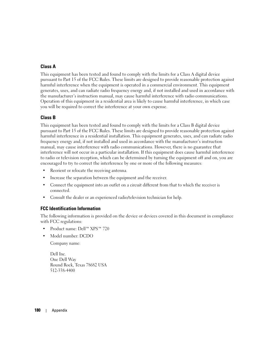 Class a, Class b, Fcc identification information | Dell XPS 720 H2C (Mid 2007) User Manual | Page 180 / 220