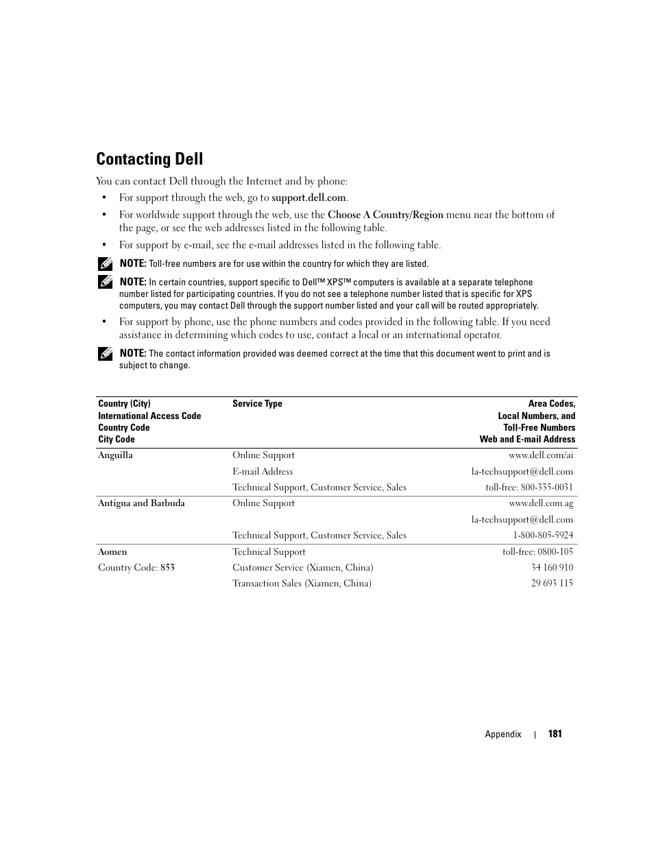 Contacting dell | Dell XPS 720 H2C (Mid 2007) User Manual | Page 181 / 220