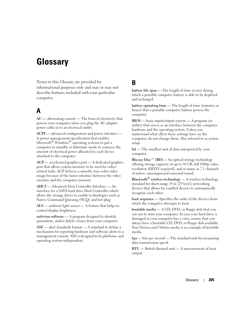 Glossary | Dell XPS 720 H2C (Mid 2007) User Manual | Page 205 / 220