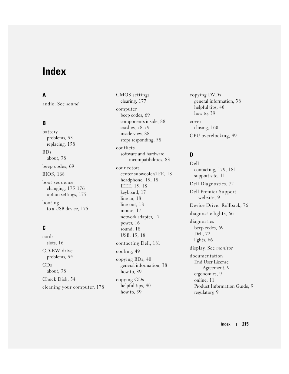 Index | Dell XPS 720 H2C (Mid 2007) User Manual | Page 215 / 220