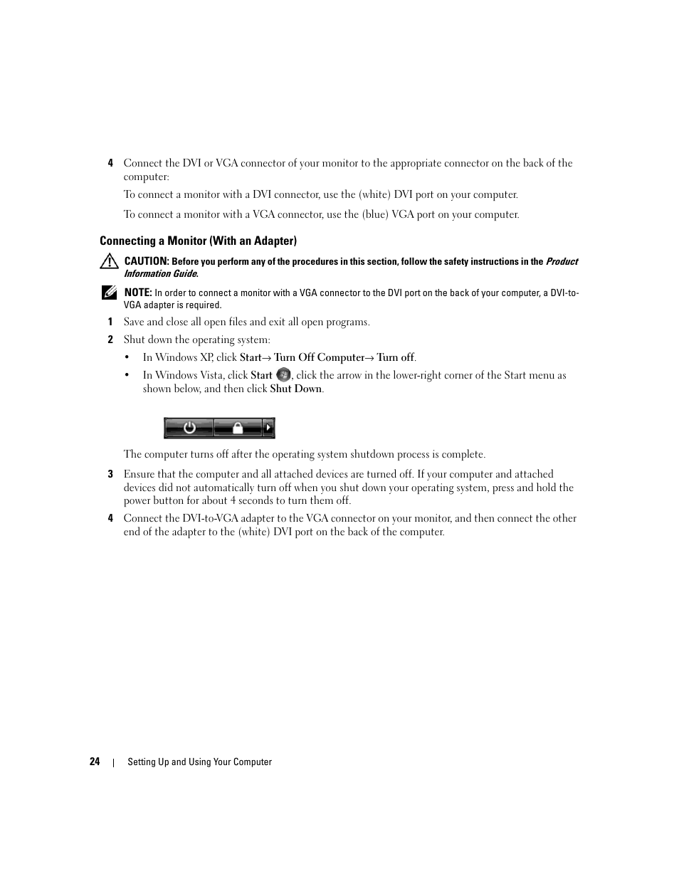 Connecting a monitor (with an adapter) | Dell XPS 720 H2C (Mid 2007) User Manual | Page 24 / 220
