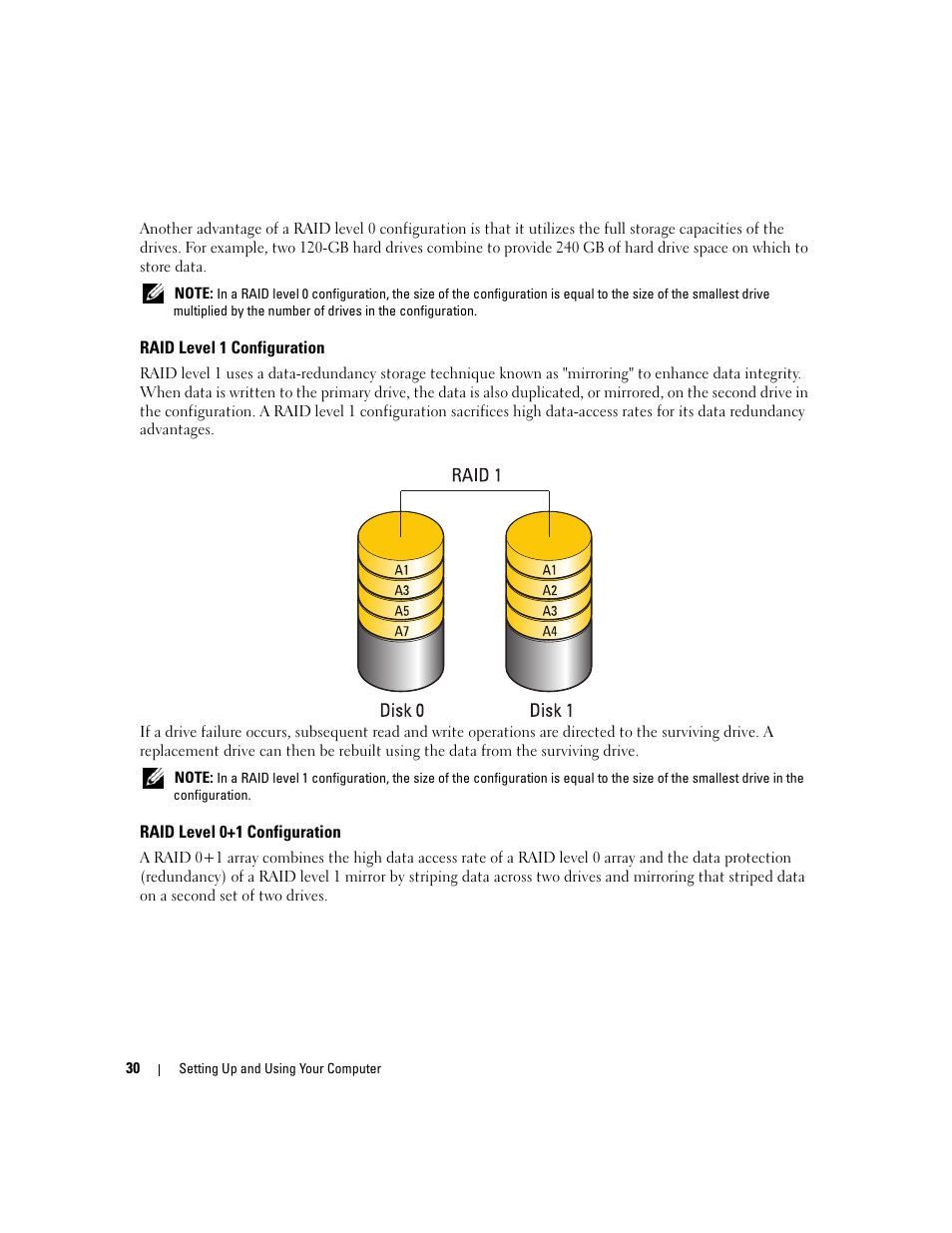 Raid level 1 configuration, Raid level 0+1 configuration | Dell XPS 720 H2C (Mid 2007) User Manual | Page 30 / 220