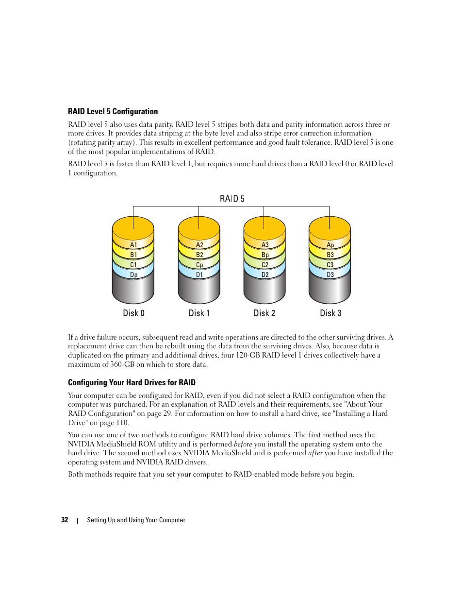 Raid level 5 configuration, Configuring your hard drives for raid | Dell XPS 720 H2C (Mid 2007) User Manual | Page 32 / 220