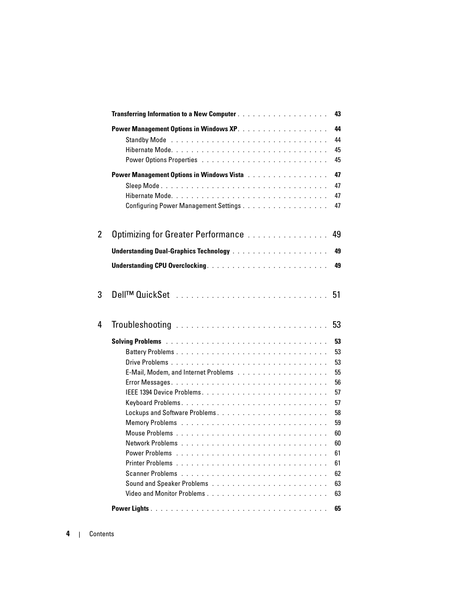 2optimizing for greater performance, 3dell™ quickset, 51 4 troubleshooting | Dell XPS 720 H2C (Mid 2007) User Manual | Page 4 / 220