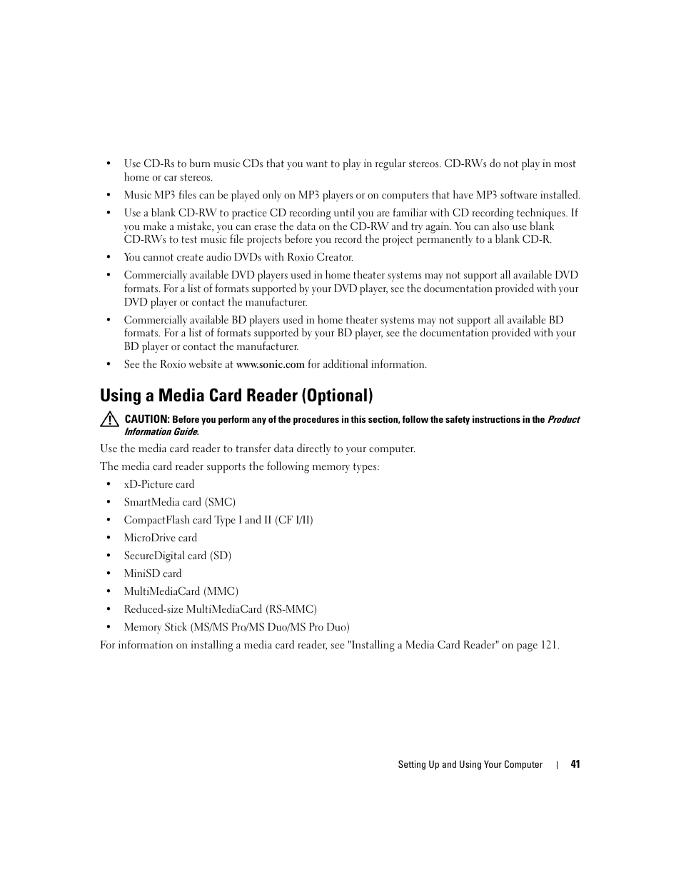 Using a media card reader (optional) | Dell XPS 720 H2C (Mid 2007) User Manual | Page 41 / 220