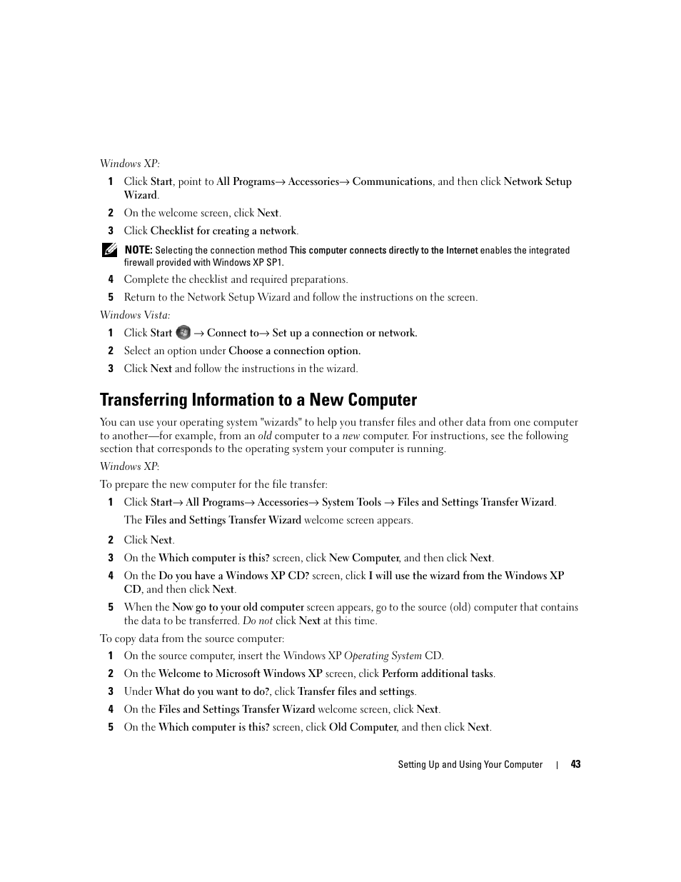 Transferring information to a new computer | Dell XPS 720 H2C (Mid 2007) User Manual | Page 43 / 220
